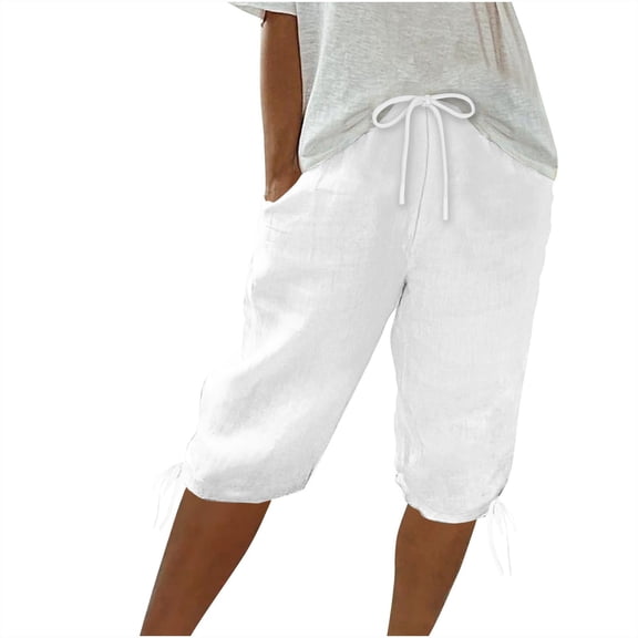 Perfectbot Elastic Waist Linen Bermuda Shorts Women Drawstring Knee Length Lightweight Summer Shorts