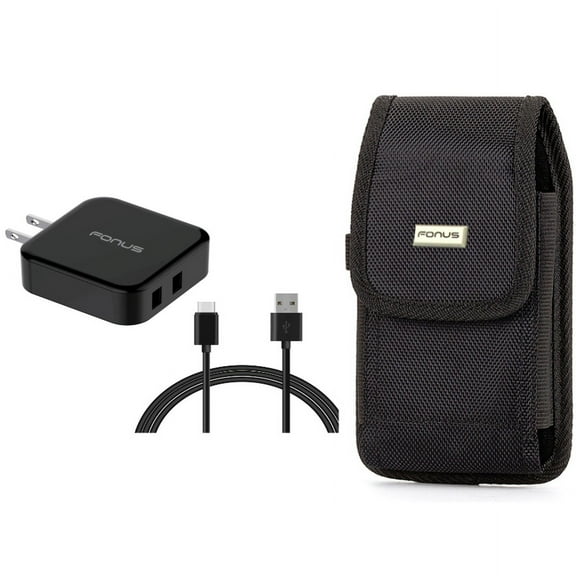 Case Belt Clip & Quick Home Charger for iPhone 15 Pro Max - Rugged Holster Canvas Cover and 30W 6ft USB Cable 2-Port USB Power Cord O8O for iPhone 15 Pro Max (6.7")