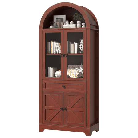 70.9" Brown Farmhouse Arched Cabinet with Glass Doors & Open Storage