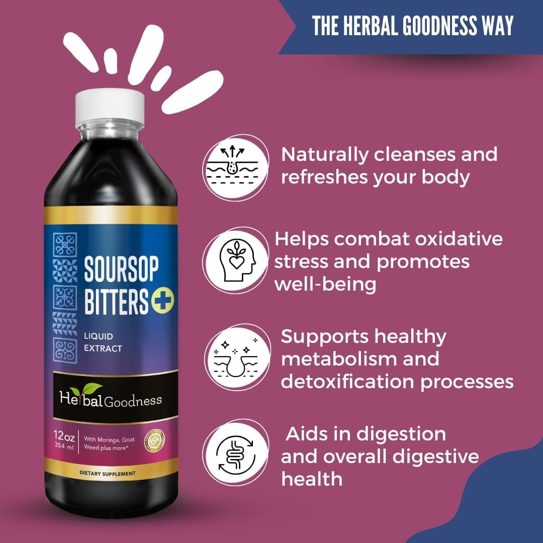 Soursop Bitters Liquid Extract 12fl.oz, Organic Guanabana Leaf Supplement, Graviola Leaf, Gut Health & Colon Cleans - Herbal Goodness