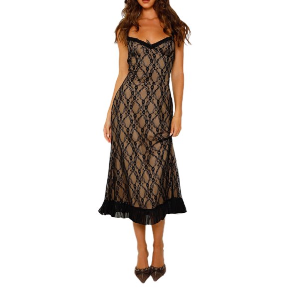 Mialoley Women's Midi Slim Evening Dress Sleeveless Open Back Ruffle Hem Lace Cami Dresses