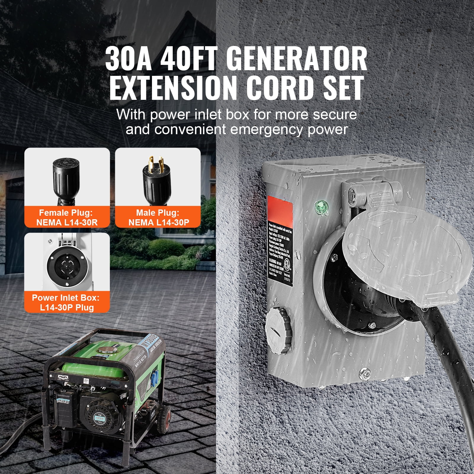 SKYSHALO Generator Cord with Inlet Box, 40 FT 30A, RV Extension Cord NEMA L14-30P/R, STW 10 AWG Extension with Locking Plug, Outdoor RV Use, ETL Certified