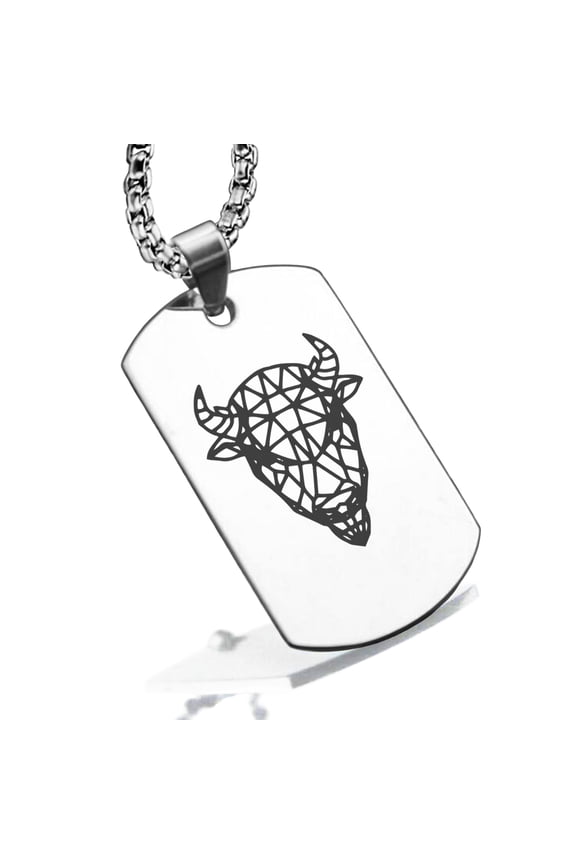 Stainless Steel Geometric Polygon Bison Animal Dog Tag Pendant Necklace