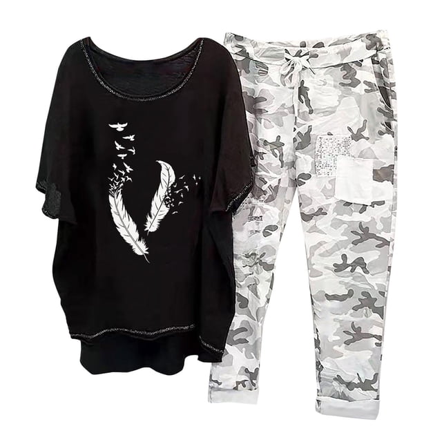 Hauts à Manches Courtes pour Femmes Ensemble Chemise + Pantalon Imprimé Col Rond Manches Courtes pour Femmes