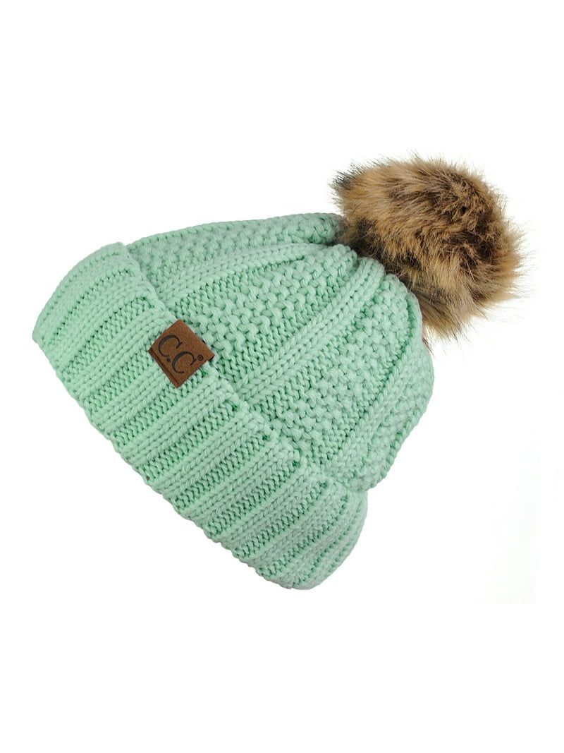 C.C Thick Cable Knit Faux Fuzzy Pom Fleece Lined Skull Cap  display picture 3