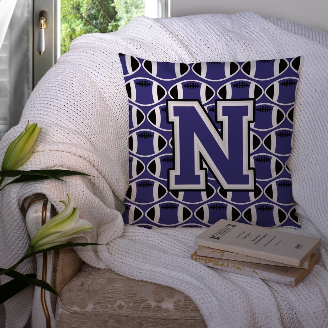 Letter N Football Purple and White Fabric Decorative Pillow