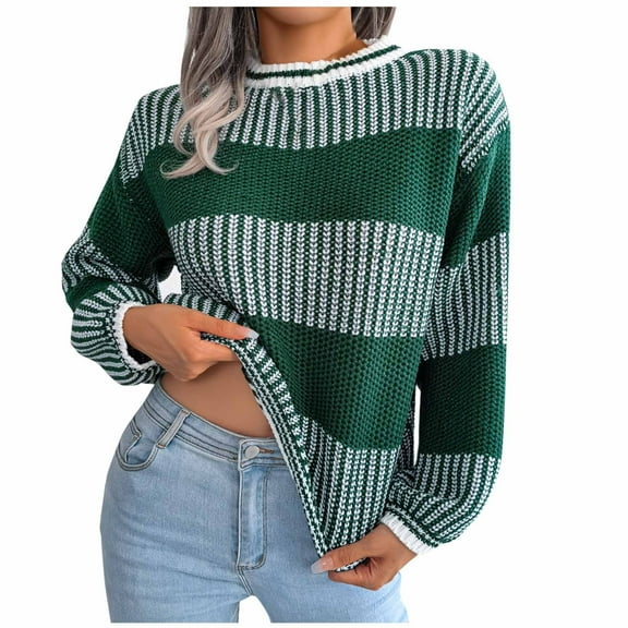 hotojiny Womens Fall Sweaters Fashion Striped Crew Neck Knit Pullover Casual Loose Long Sleeve Tops Streetwear S-L