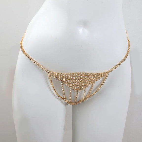 HOOUN Women's Rhinestone Sexy Tassel Rhinestone Light Luxury Runway Bra Body Chain-Thong Gold
