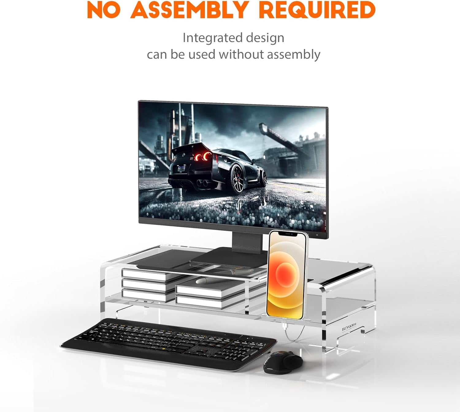 Acrylic Monitor Stand for Full Keyboard, 20" Wide 2-Tier Riser with Storage Shelf and Phone Holder, Desktop Organizer for Laptop, Printer, Screen (Clear)
