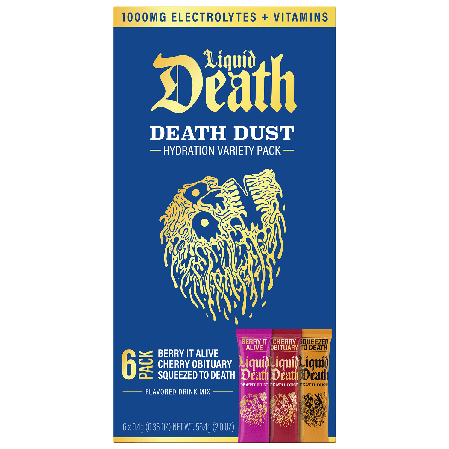 Liquid Death Dust Hydration Powdered Drink Mix, Variety 6 Pack, Berry It Alive, Cherry Obituary, Squeezed to Death,1000mg Electrolytes