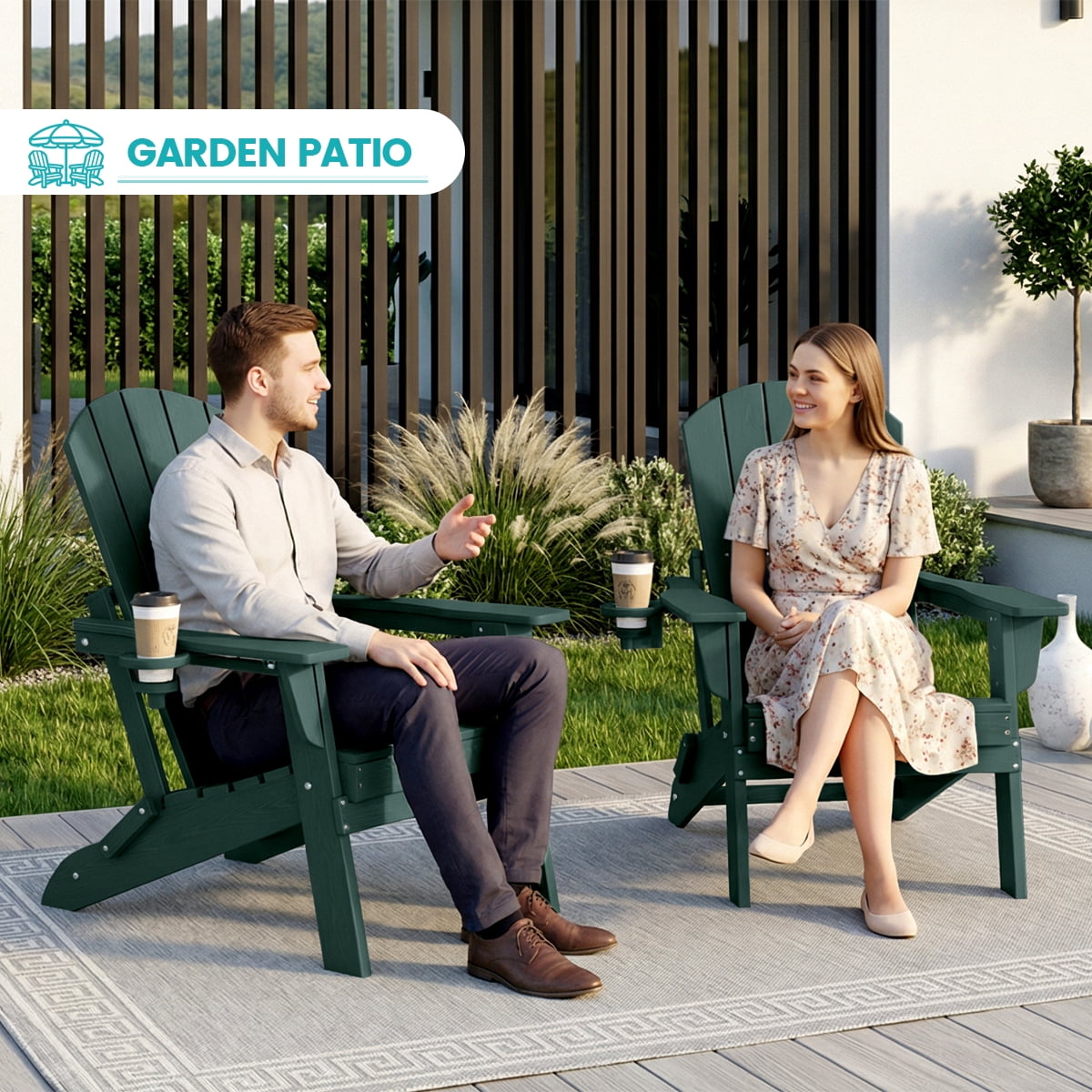 Cobiod Folding Adirondack Chair with Cup Holder, HDPE All-Weather Outdoor Patio Chair, Ergonomic Wood Grain Design for Backyard, Green