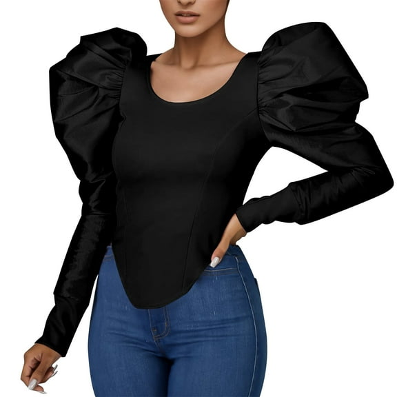Tfken Women Tshirts For Summer Crew Neck Long Puff Sleeve Solid Color Slim Tops Trendy Female Comfortable Shirts Black