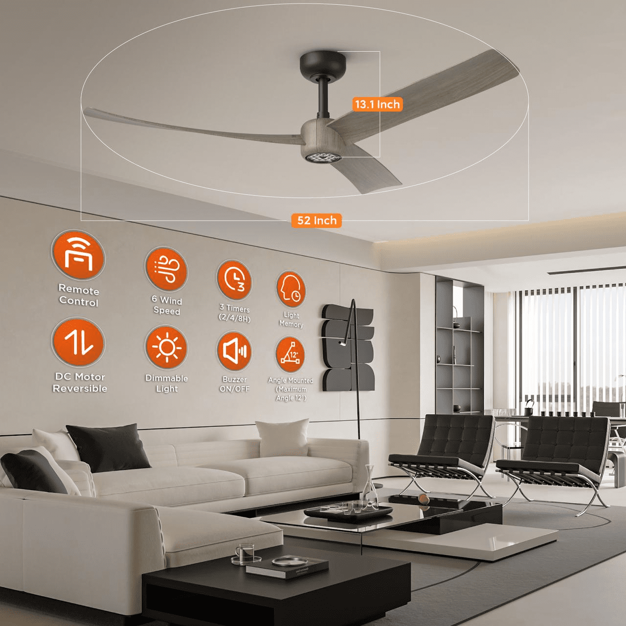 52 Inch Modern Ceiling Fan with Lights, 3 Blades Black Walnut Finish, Reversible DC Motor, 3000-6500K Dimmable LED Light, Timer & Remote Control for Living Room Bedroom Kitchen