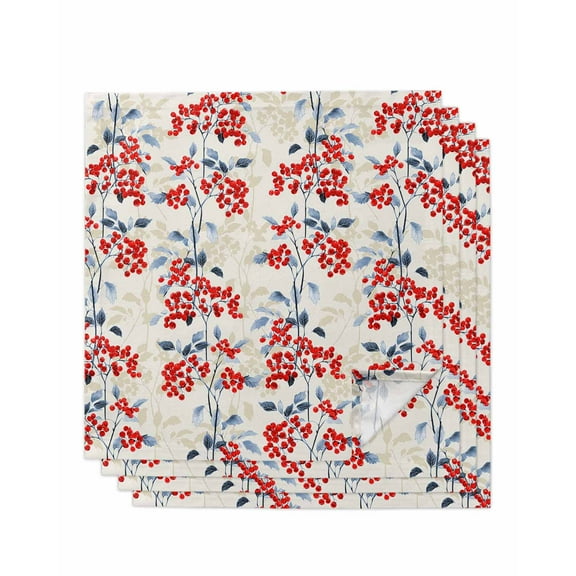 nqOlkjepod Red Flowers Cloth Napkins Set of 4 Reusable Dinner Napkins, Country Spring Botanical Floral Leaves Herbs Cocktail Napkin Washable Table Napkins for Wedding/Party/Baby Shower 20"x20"