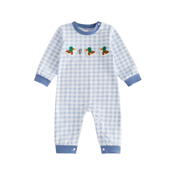 RUINIXCW Newborn Baby Boy Duck Outfit Plaid Romper Infant Baby Boys Spring Fall Winter Clothes Casual Mallard Embroidery Long Sleeve Jumpsuit