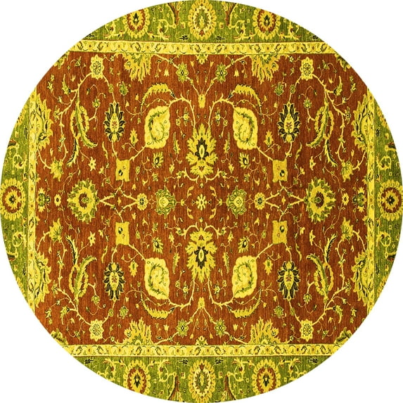 Ahgly Company Machine Washable Indoor Round Oriental Yellow Traditional Area Rugs, 7' Round