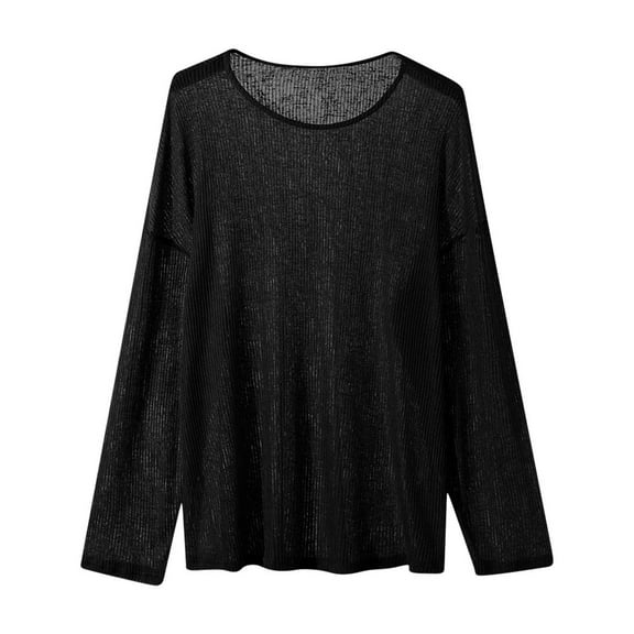 LNWUY Oversized Tshirts for Men See Through Sheer Top Breathable Solid Color Long Sleeve Round Neck T Shirt Loose Tee Black XXL