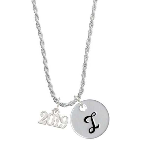 Delight Jewelry Silvertone Horizontal Year 2019 Silvertone Script Initial Disc - I - Charm Necklace, 20"+3"
