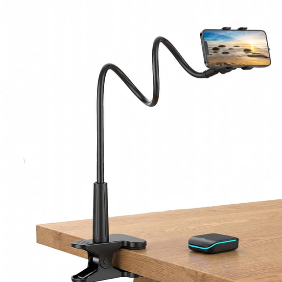 Gooseneck Cell Phone Holder, Universal 360 Flexible Phone Stand Lazy Bracket Mount with Long Arms Clamp for Most 3.5~6.7'' Devices, Adjustable Bedside Desktop Cradle for Hands-Free Viewing, Black