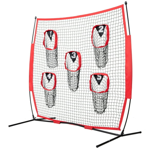KFFKFF 7x7 ft Quarterback Training Net, Football Practice Net with 5 Target Pockets, Seamless Netting with Bow Structure and Transportable Case, Enhance Precision in Throwing, Red