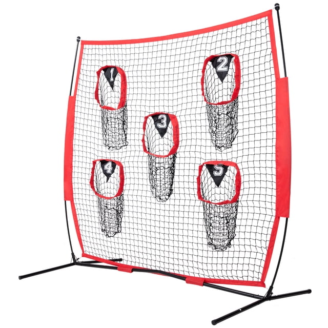 KFFKFF 7x7 ft Quarterback Training Net, Football Practice Net with 5 Target Pockets, Seamless Netting with Bow Structure and Transportable Case, Enhance Precision in Throwing, Red