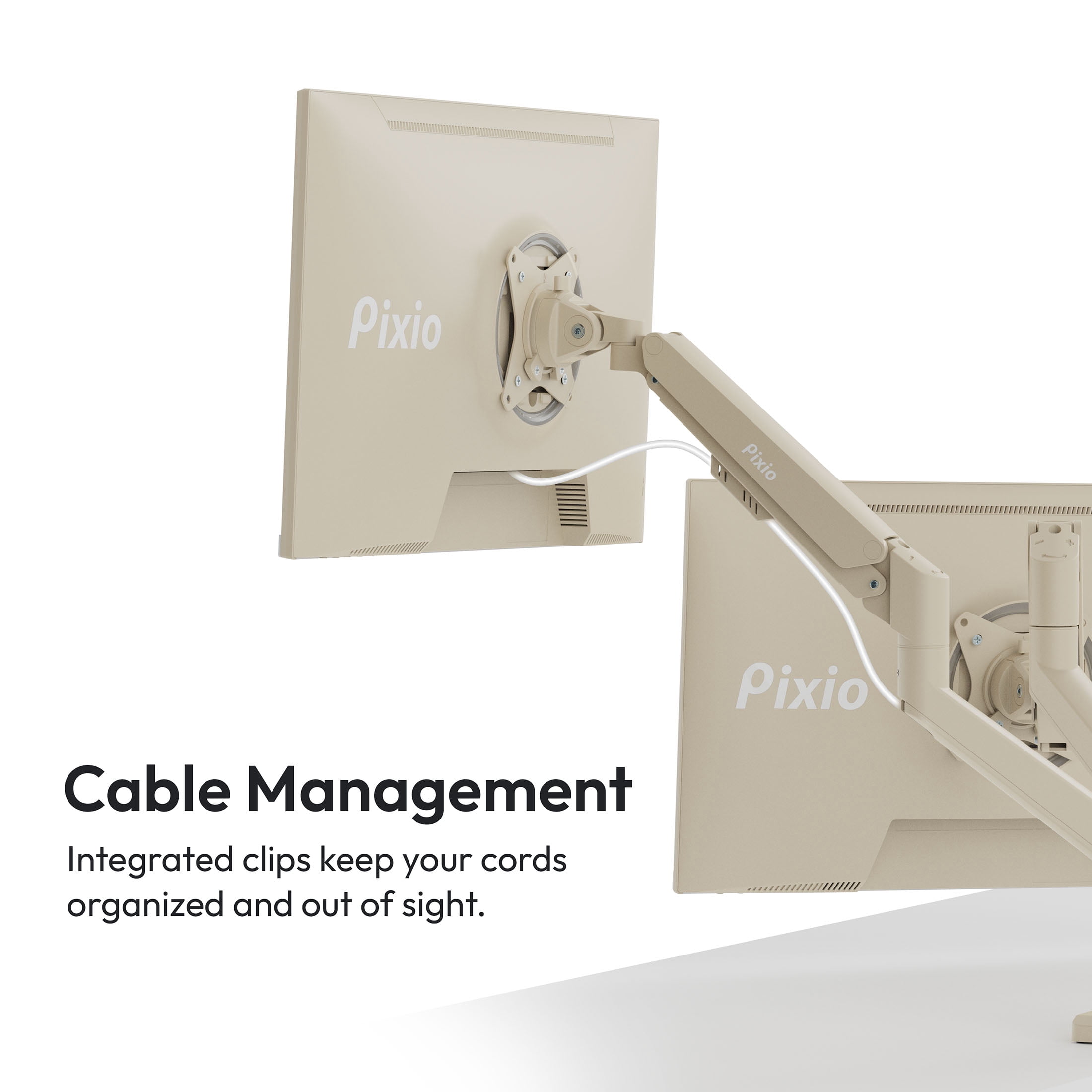 Pixio PS1D Wave Beige Dual Monitor Arm Stand Desk Mount - Fits up to 32 inches Monitors and up to 19.8lbs. VESA Compatibility and Integrated Cable Management