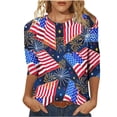 thumbnail image 2 of Hauts pour Femmes Mode Manches Trois-Quarts Col Rond Rétro Imprimé Indépendance Blouse Ample Manches Trois-Quarts Hauts de Sortie pour Femmes en Solde, 2 of 4