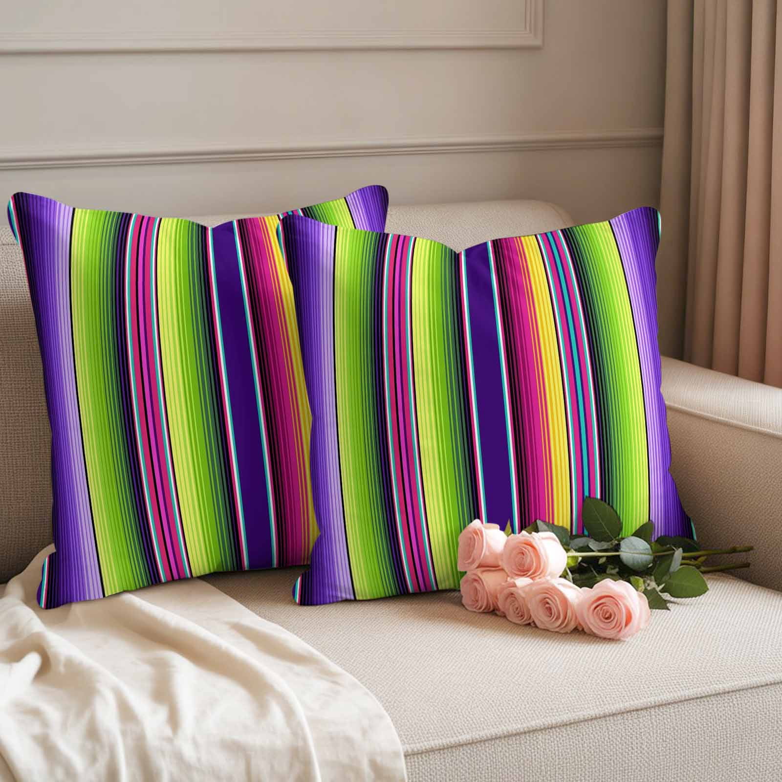 Mexican Style Outdoor Waterproof Throw Pillow Covers 20x20 Set of 2, Colorful Mexico Stripes Purple Green Decorative Pillowcases Cushion Pillowcase for Couch Sofa Patio Outside Pillow Protector