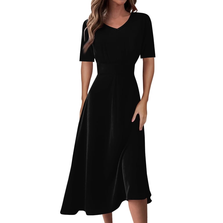 summer dresses for women 2024 wedding guest dresses for women Ladies Casual Fashion Solid Color V-Neck Short Sleeve Waist Long Swing Dress best sundresses for women Black Venetian S