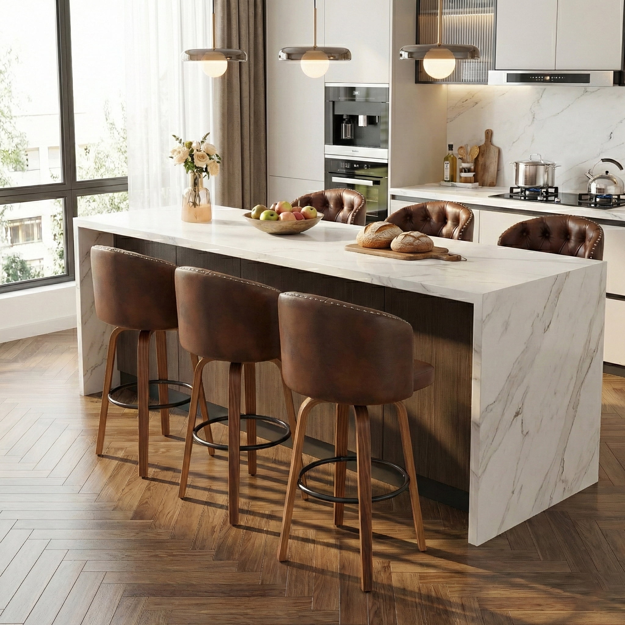 Fahomiss 26" Swivel Counter Height Bar Stools Set of 6, Brown Leather Farmhouse Kitchen Stools