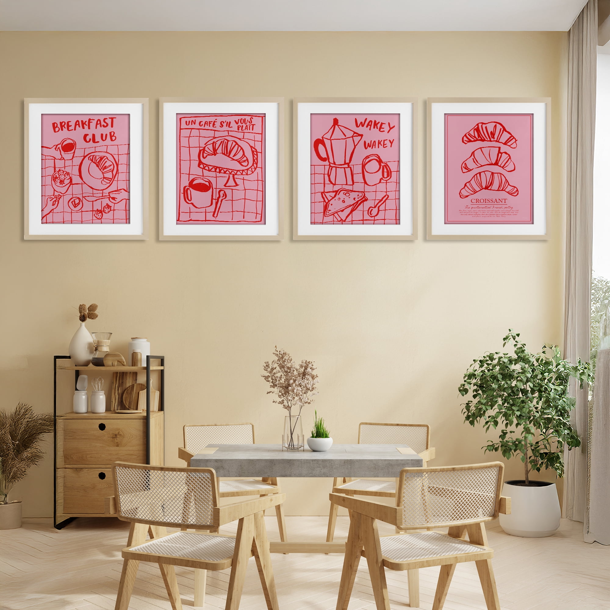 Stupell Industries Pink & Red Breakfast Doodles 4 Piece Birch Framed Print Under Glass Set, design by Jenaya Jackson