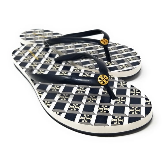 Tory Burch Women's Printed Two Tone Flip Flops in Black Geo - Perfect Black, Size 10 US