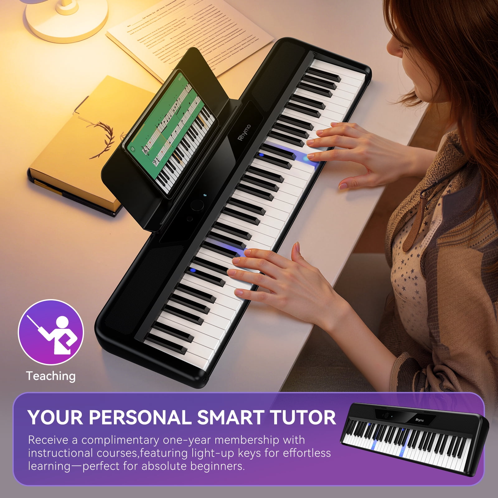 Rhymo 61 Key Smart Piano Keyboard with Light up Keys,Learning Keyboard for Beginners, Velocity Sensitive Electric Piano Keyboard & App Learning(Black)