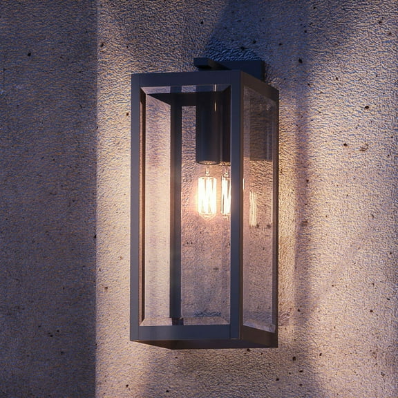 Luxury Modern Farmhouse Outdoor Wall Sconce, 20.00''H x 7.00''W, with Industrial Style Elements, Minimalist Design, Natural Black Finish and Clear Glass Panel With Beveled Edge, UQL1332