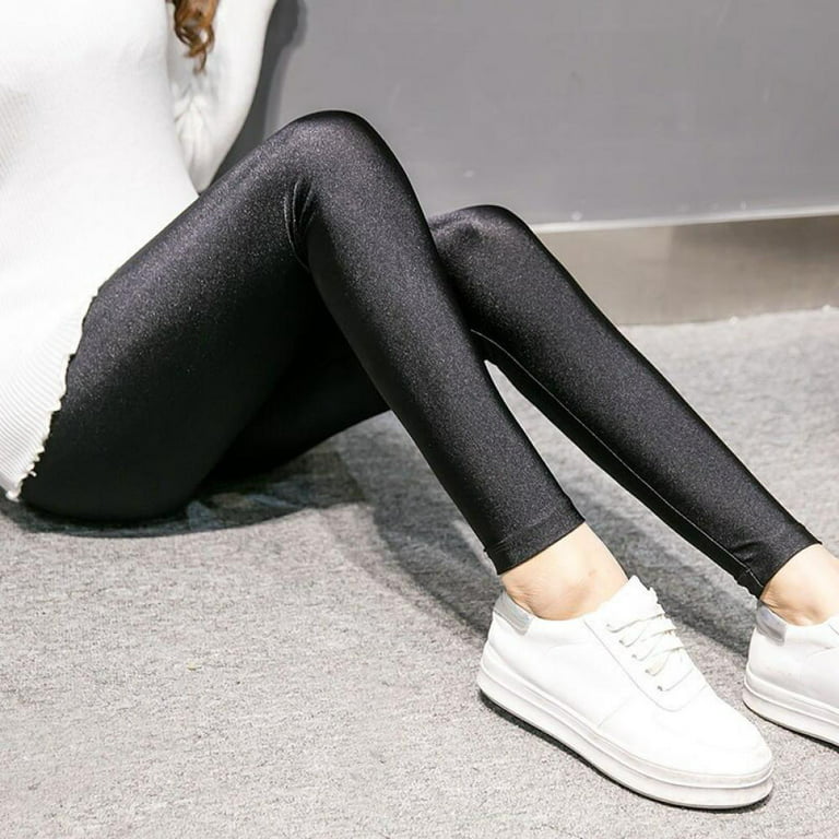 Fashion Women Shiny Leggings Thin Full Ankle Length Black Leggings Stretchy  High Waist Satin Basic Leggings