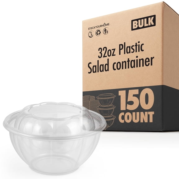 Stock Your Home 32oz Clear Plastic Salad Bowls with Lids Disposable (150 Pack) – Medium Takeout Containers with Snap-On Lids for Salads, Meal Prep, Acai Bowls, Fruit, To-Go Parties