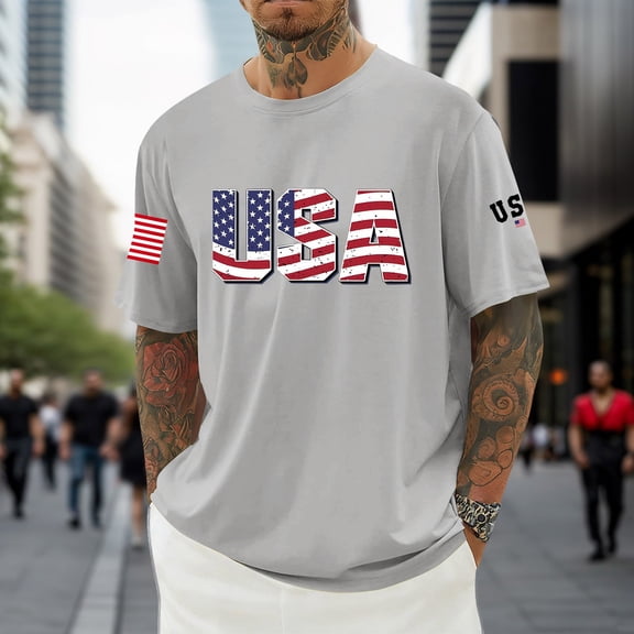 Men's 4th of July 250th Anniversary USA Flag T Shirts Patriotic Tees Independence Day Tops Casual Crewneck Tshirts Cotton Tees Plus Size Shirts,Light Gray,5XL