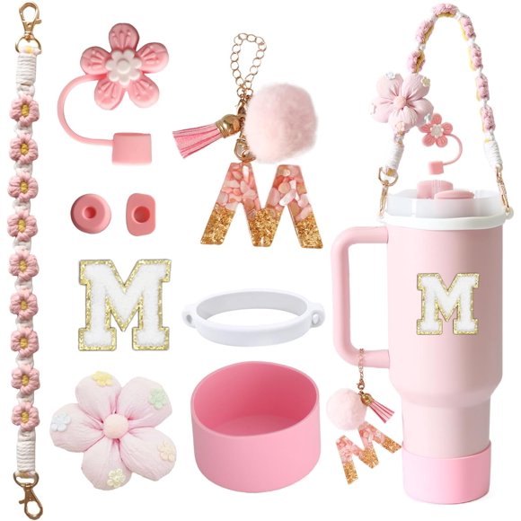 TRAHOO-9PCS Cup Accessories Set for Stanley Cup 30oz 40oz Tumbler - Including Water Bottle Handle Strap,Straw Cover Cap,Spill Proof Stoppers,Boot,Initials Letter Charm,Sticker,Flower,Letter A-Z