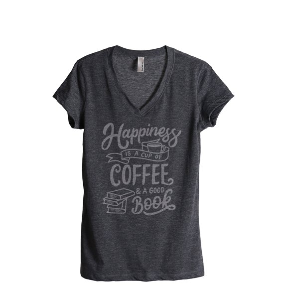 Happiness Is A Cup Of Coffee And A Good Book Women's Fashion Relaxed V-Neck T-Shirt Tee Charcoal Grey X-Large