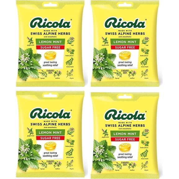 Ricola Sugar Free Lemon Mint Herbal Cough Suppressant Throat Drops  Naturally Soothing Long-Lasting Relief -19 Count Pack of 4 Bags
