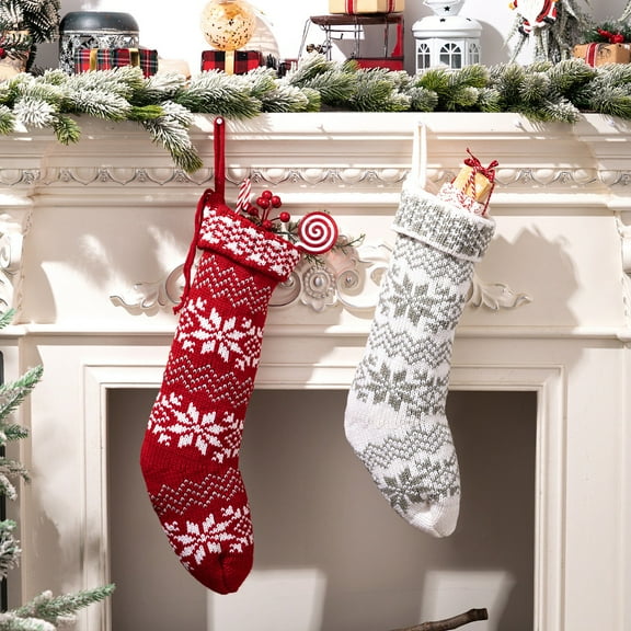 2PCS Christmas Stockings, 19inch Large Knitted Christmas Stockings Gift Bag Christmas Decorating Supplies Candy Stockings Christmas Decorations, Holiday Christmas Party Family Decor