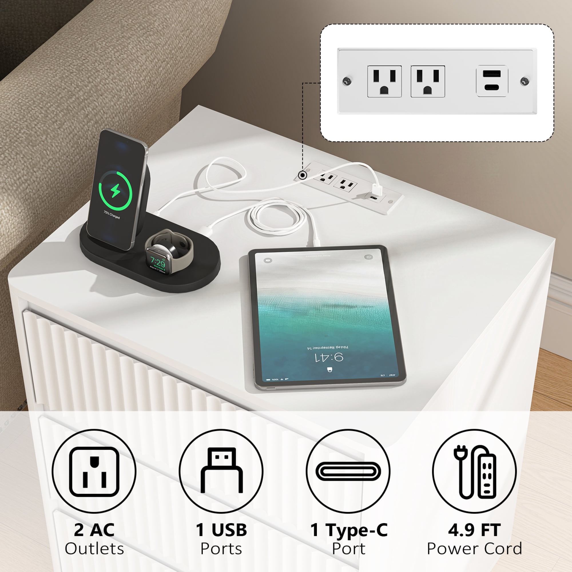 Leumius 3-Drawer Small Nightstand Set of 2 with Charging Station,Modern Sofa Side Table End Table Wood Storage Cabinet for Living Room,Bedroom,Office,White