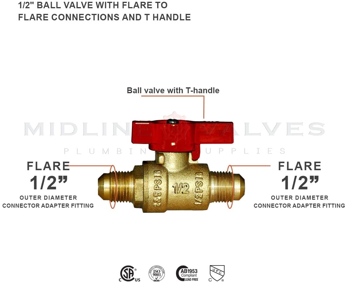 Midline Valve LxL1212GAS-5 Premium Brass Gas Ball Valve, with 1/2 in. x 1/2 in. Flare Connections (Pack of 5)