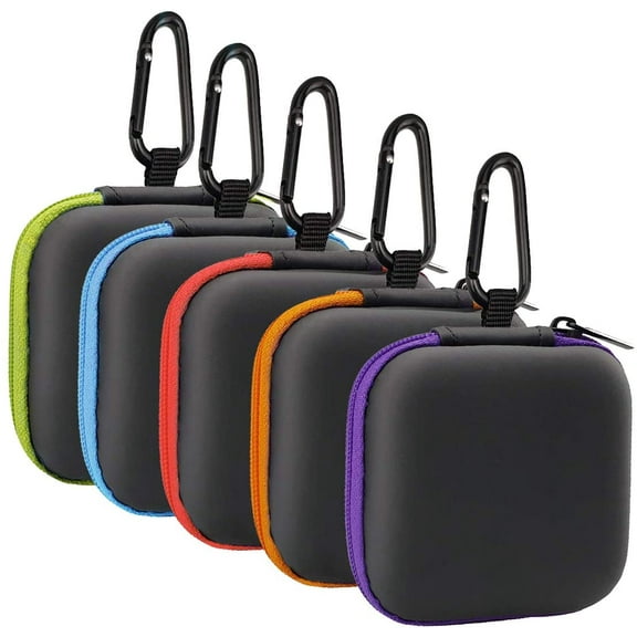 5Pack Square Earbud Case Portable EVA Carrying Case Storage Bag Cell Phone Accessories Organizer with Carabiner for Earphone, Earbud, Earpieces, SD Memory Card, Camera Chips-5 Colors.