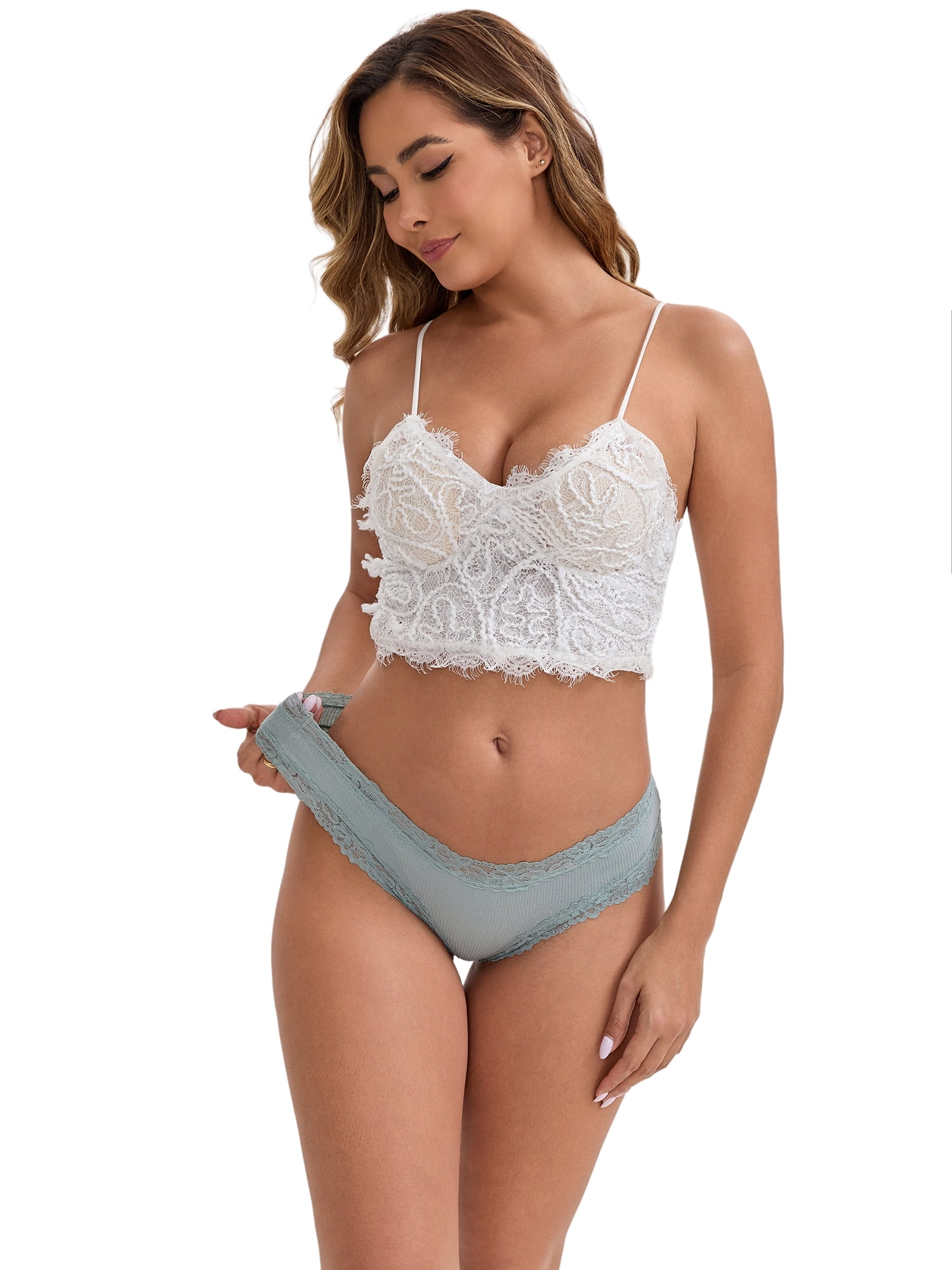 DARING DIVA Women's Lace Trim Cotton Ribbed Hipster Mid Waisted Panty XL Light Green
