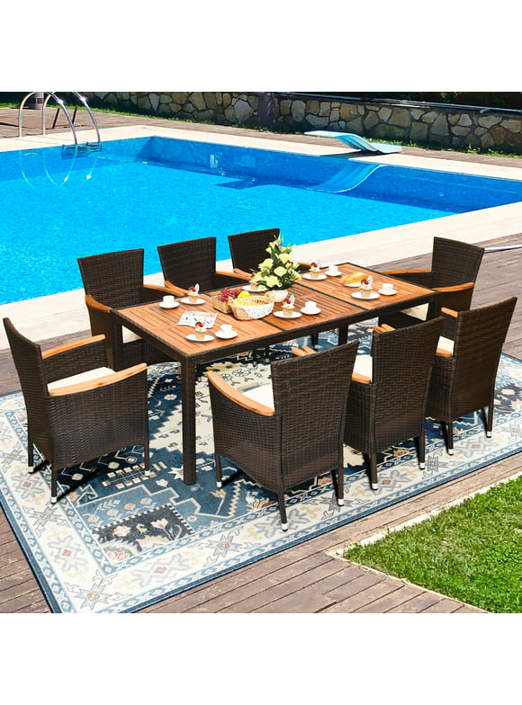 Costway Outdoor Patio 9 PCS Wicker Dining Set w/Acacia Wood Table & Stackable Cushioned Chairs Dining Set for 8 Person