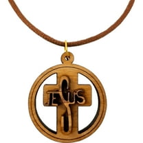 Olive Wood 3D Jesus Cross Round Necklace
