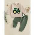 thumbnail image 3 of Toddler Baby Boy Fall Outfits 3 6 12 18 24 Months 2T 3T Tractor Embroidery Long Sleeve Round Neck Sweatshirt with Solid Pants Clothing Set, 3 of 9