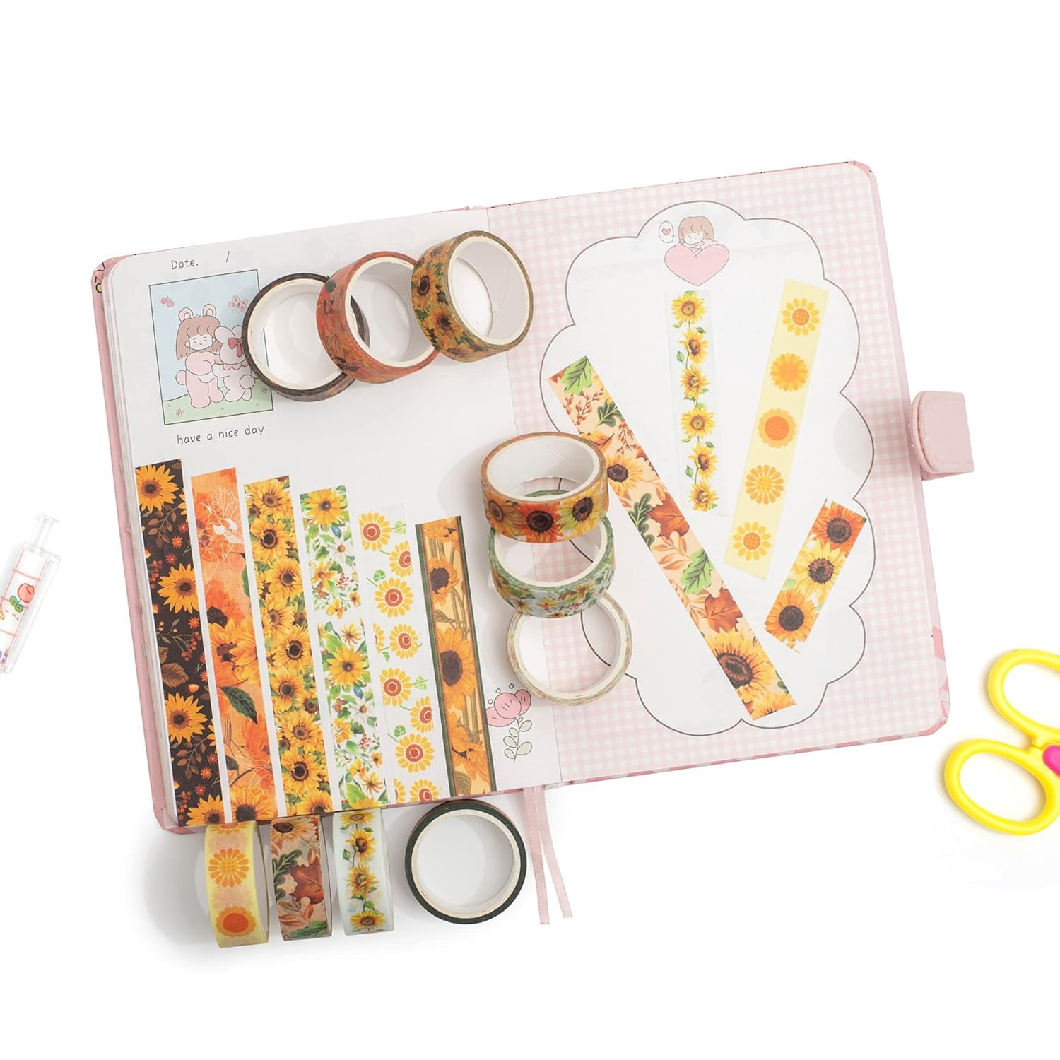 Sunflower Washi Tape Set 10 Rolls Floral Print Decorative Sun Flowers Masking Tapes for Arts, DIY Crafts, Journals, Planners, Scrapbook, Wrapping