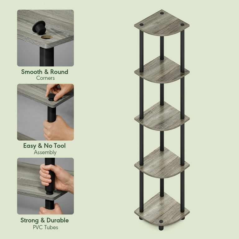 Furinno TURN-N-TUBE 5 Tier Corner Bookshelf in Grey Oak